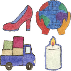 a drawing of different items that are on a white background