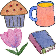 a drawing of a cupcake and muffin and a book and a flower and a cupcake