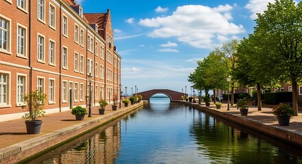 Naklejka premium Picturesque european canal with historic buildings and arch bridge