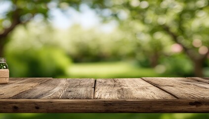 Rustic wooden table with garden backdrop.