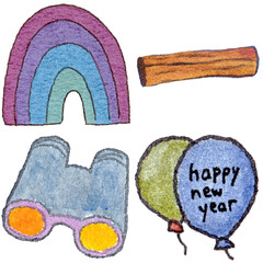 a drawing of a rainbow and a pair of binoculars and a pair of binoculars and a pair of binoculars and and a pair of binoculars