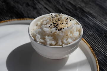 A plate of boiled rice in a cafe. 