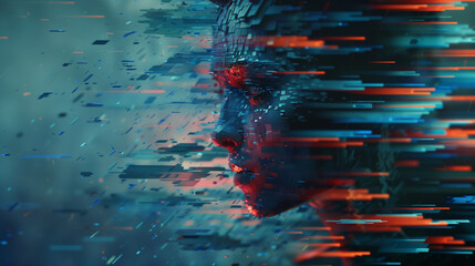 "A digital glitch effect transforming a human figure into fragmented vector shards