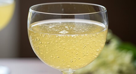 Refreshing elderflower cordial drink in a glass with sparkling bubbles
