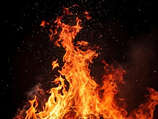 Photo of a mesmerizing display of vibrant orange and yellow flames dancing against a dark background, showcasing the raw power and beauty of fire with its intricate patterns and textures