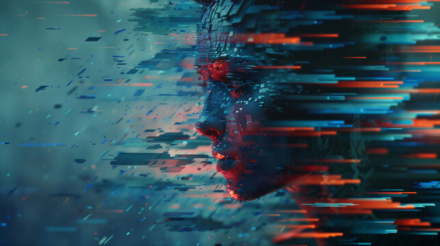 "A digital glitch effect transforming a human figure into fragmented vector shards