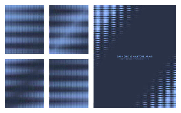 Assorted vector retro styled 80s dash grid navy blue halftone pattern set in vertical 4:5 aspect ratio including angular faded frame and various tilted textures. Varied half tone design elements pack