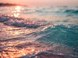 Photo of a breathtaking view of gentle waves lapping on the shore during a vibrant sunset, casting a warm golden glow over the tranquil sea and sandy beach