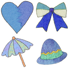 a drawing of a variety of items that include hats and umbrellas and and a heart