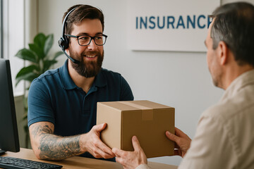 Insurance Package Transfer: A friendly, bespectacled agent passes a parcel box to a client within an insurance setting. This captures a professional interaction.