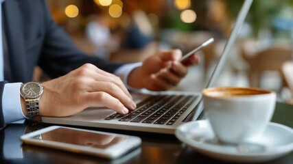 Business Professional in Cafe: A focused businessperson expertly navigates a laptop, simultaneously holding a smartphone. A coffee cup and another phone rest nearby. - Powered by Adobe