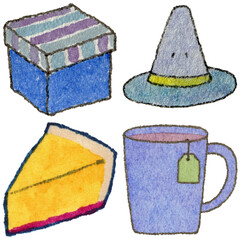 a drawing of a cup and a box and a hat and and a tea bag