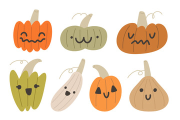 Cute cartoon pumpkins set. Vector illustration of Halloween decoration. Children hand-drawn design elements isolated on white background
