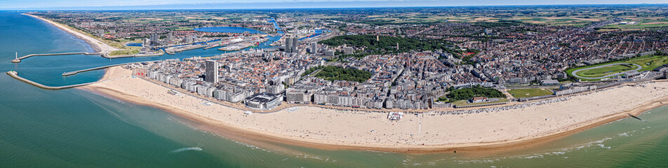 Obraz premium Aerial view of the beach and city of Ostende Belgium during summer 