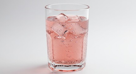 Refreshing pink drink with ice cubes in a clear glass on white surface