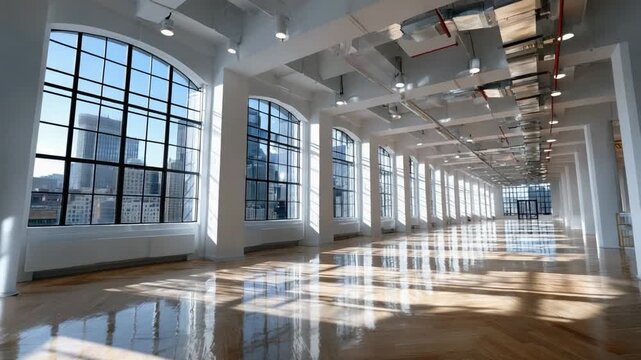 Sunlit Workspace: An expansive, sun-drenched workspace, illuminated by rows of grand windows that frame a vibrant cityscape, offering a sense of openness and inspiration. 
