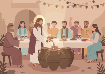 Jesus Transforming Water into Wine at a Wedding Feast.