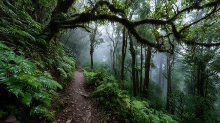 Mystical forest path disappearing into the fog, ferns and lush greenery