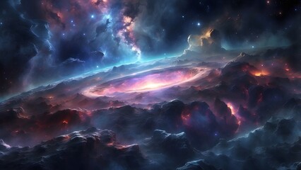 A cosmic storm glowing faintly in the middle of a dense nebula.Cinematic theme, HDR, Vibrant 