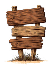 Transparent image, cartoon style hand drawn illustration of rustic wooden slab signs, old west vintage style