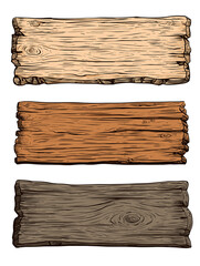 Transparent image, cartoon style hand drawn illustration of rustic wooden slab signs, old west vintage style