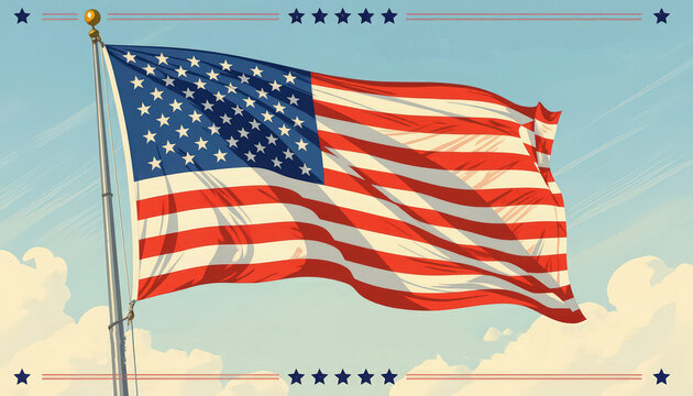 A vibrant design showcasing the national flag waving proudly against a bright sky. Symbolizing unity and patriotism, this image celebrates the spirit and history embodied by the flag and the country.