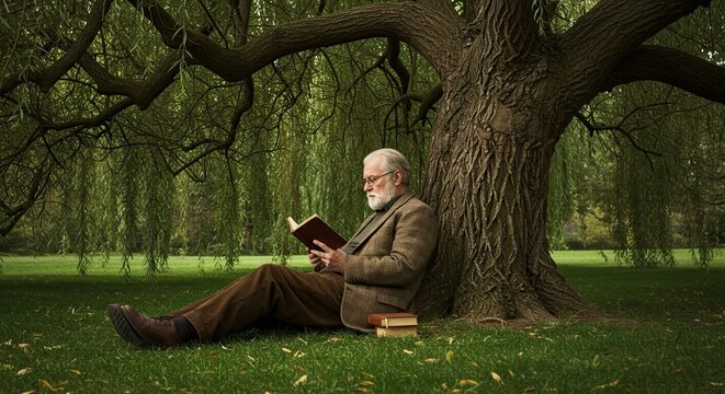 Senior man reading book under willow tree in peaceful park setting - Powered by Adobe