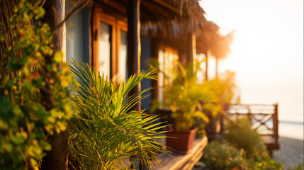 A beachfront bungalow bathed in golden hour light, evoking tropical serenity.