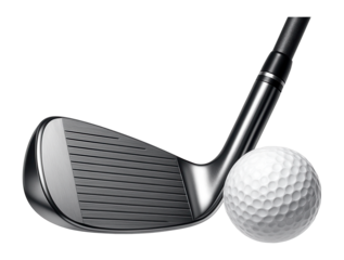 Close-up of a golf club iron and a dimpled golf ball positioned together, showcasing sports equipment details on transparent background.