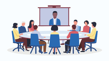 Illustration of a video conference with people sitting around a table and a screen showing a person