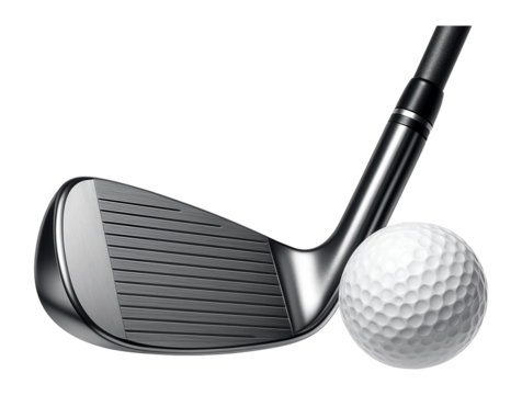 Close-up of a golf club iron and a dimpled golf ball positioned together, showcasing sports equipment details on transparent background.