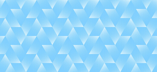Vector abstract wide panoramic background featuring divided hexagons grid halftone pattern in cool blue tones. Grainy texture adds a modern geometric edge perfect for design, branding and tech visuals