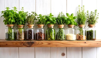 Assortment of fresh herbs and aromatic spices presented in glass containers row