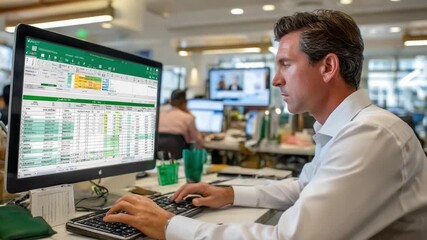 Analyzing Data and Working hard: A focused man navigates the digital realm, absorbed in his meticulous analysis of spreadsheets at the workplace, capturing his dedication to detailed work - Powered by Adobe