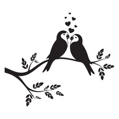 Black bird silhouettes on a tree branch with floral leaf decoration