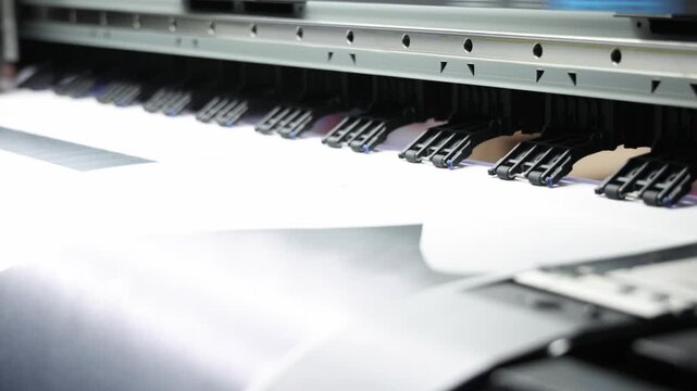 High resolution Industry printer. Industrial inkjet printer in operation. printing patterns on large sheet of fabric or paper. Automate printer for modern textile printing and digital print technology
