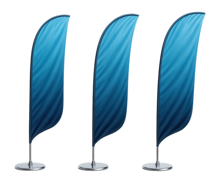 Three blue feather flags with metal bases displayed side by side on transparent background.