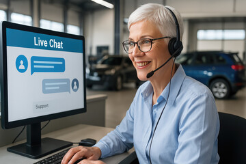 Live Chat Support Professional: A friendly customer service representative, headset in place, expertly navigates a live chat interface, offering helpful support in a modern automotive setting.