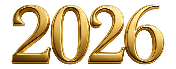 Shiny golden numbers forming the year 2026 on transparent background.