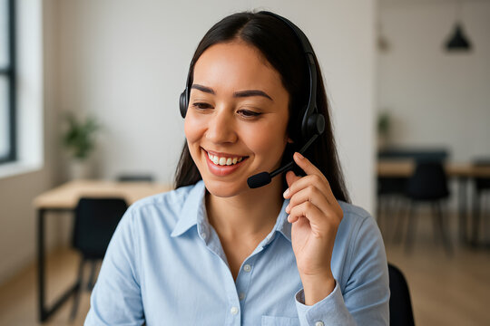 Smiling support in the office: An attentive professional provides a friendly and supportive experience. Wearing a headset, her warm expression is captivating. - Powered by Adobe