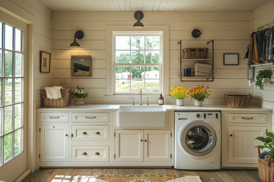 Bright organized modern rustic laundry room interior design featuring farmhouse sink washing machine perfect for home renovation and comfortable domestic space ideas. virtual background concept.