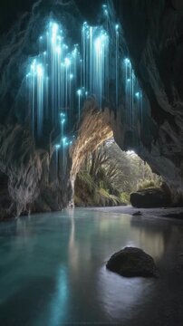 Enchanting Glowworm Cave Serene Teal Waters and Bioluminescent Lights