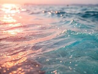 Photo of gentle ocean waves at sunset, the warm light reflecting on the surface of the water, creating a peaceful and serene atmosphere with a sense of tranquility and beauty