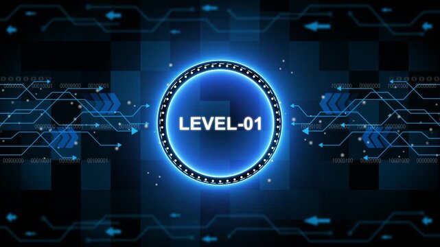 Level-1 text glowing animation with technology background. Level-1 text glowing animation with neon line HUD element technology background.