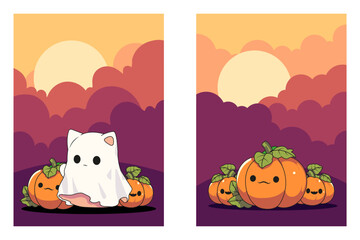 Cute Party Flyer Background Pack for Halloween with Cute Cat Ghost and Pumpkin Characters Editable Vector Templates 