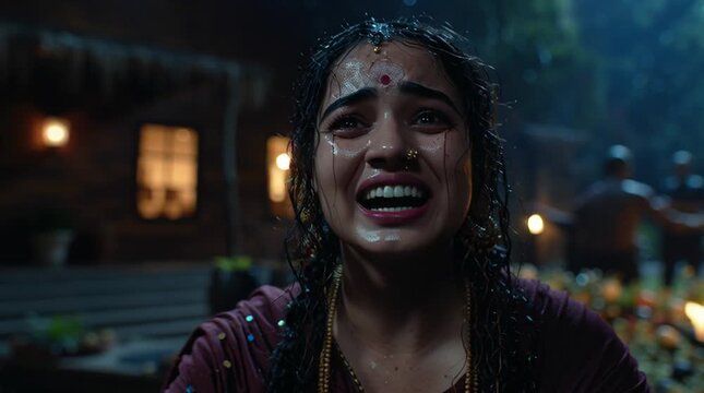 South Indian tribal woman in her 30s, fair skin with clear face, no injuries, kneeling in front of a glowing idol of Goddess Parvati.