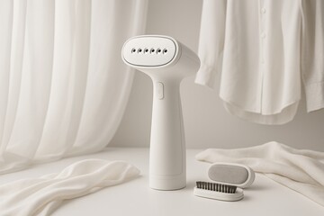 Handheld white garment steamer and fabric brush with hanging shirt in a bright minimalist laundry room with soft natural lighting