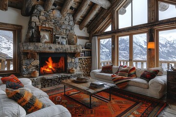 Cozy luxury mountain lodge living room features rustic stone fireplace with warm fire and stunning winter view through large panoramic windows. virtual background concept.