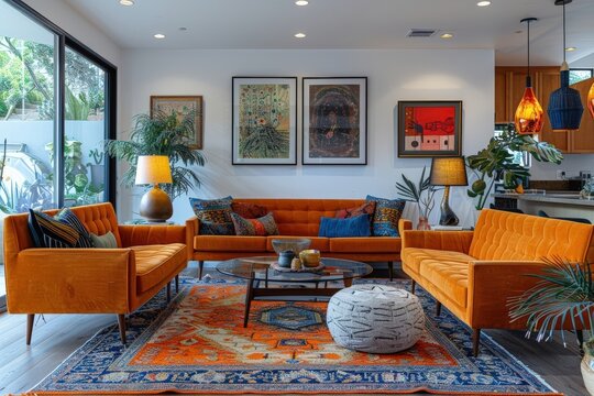 Discover modern and vibrant living room interior design showcasing luxurious orange velvet sofas for cozy home decor ambience and inviting comfort space. virtual background concept.