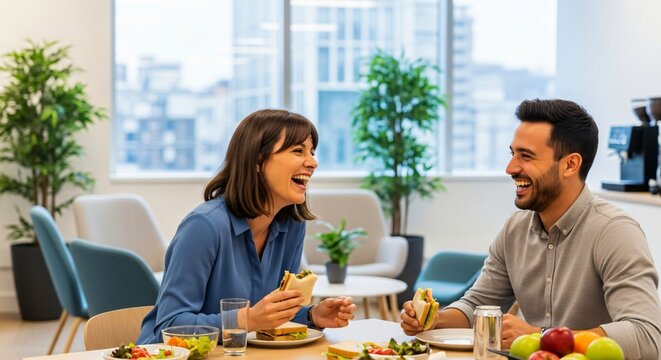 Two Office Colleagues Laughing Together During a Lunch Break in the Company Break Room